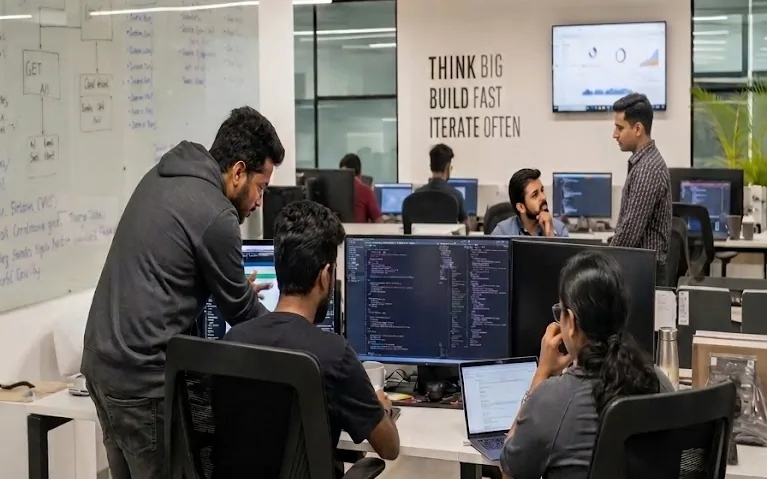 The India engineering floor: developers at dual monitors full of code, a whiteboard of architecture notes on the left and “Think big, build fast, iterate often” on the far wall.