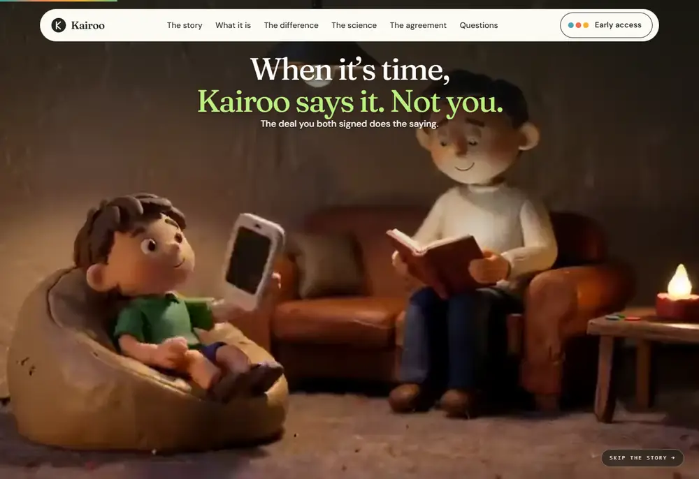 A scene from the Kairoo story: a boy on a beanbag holds out his phone while his dad reads, under the line “When it’s time, Kairoo says it. Not you.”