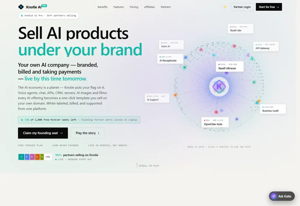 The Knotie AI homepage — “Sell AI products under your brand” beside an orbit of the services a partner can resell.